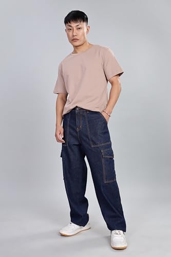Image of INKD Men's Cargo Baggy Jeans - Mid-Rise | 100% Cotton | Contrast Stitch| 6 Pocket Styling | Baggy Jeans for Man | Loose fit & Comfortable (Available in Plus Sizes)