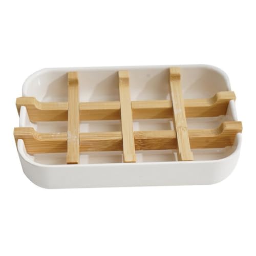 Ieron Porte-Savon en Bambou Naturel avec Drainage, boîte à Savon Anti-moisissure pour Douche, Salle de Bain, Cuisine, lavabo (1 Paquet, Blanc)