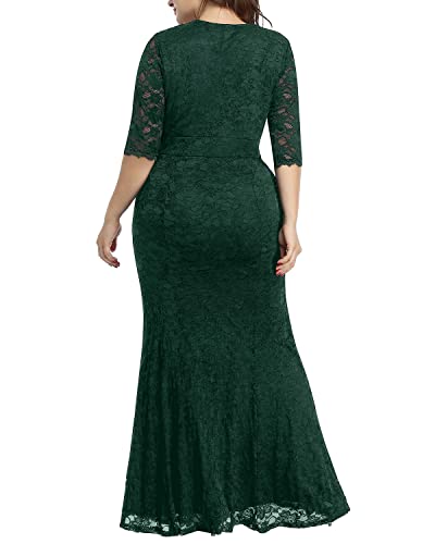 Image of Pinup Fashion Plus Size Formal Evening Dress Wedding Guest Bridal Gowns | Floral lace, wrap v-neck, 3 /4 sleeves, empire waist, mermaid floor length, side zipper