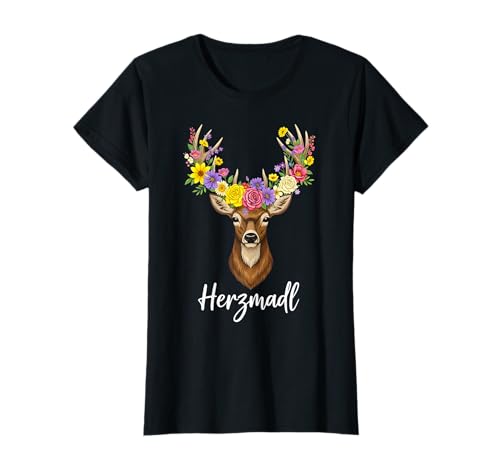 Alpen Herzmadl Hirsch mit Blumen Bayerischer Stil Trachten T-Shirt