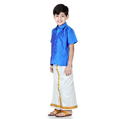 Image of BownBee Kids Boys Solid Half Sleeve Shirt with lining with Kasavu Mundu Set -Indian Traditional Party Wear South Indian Style