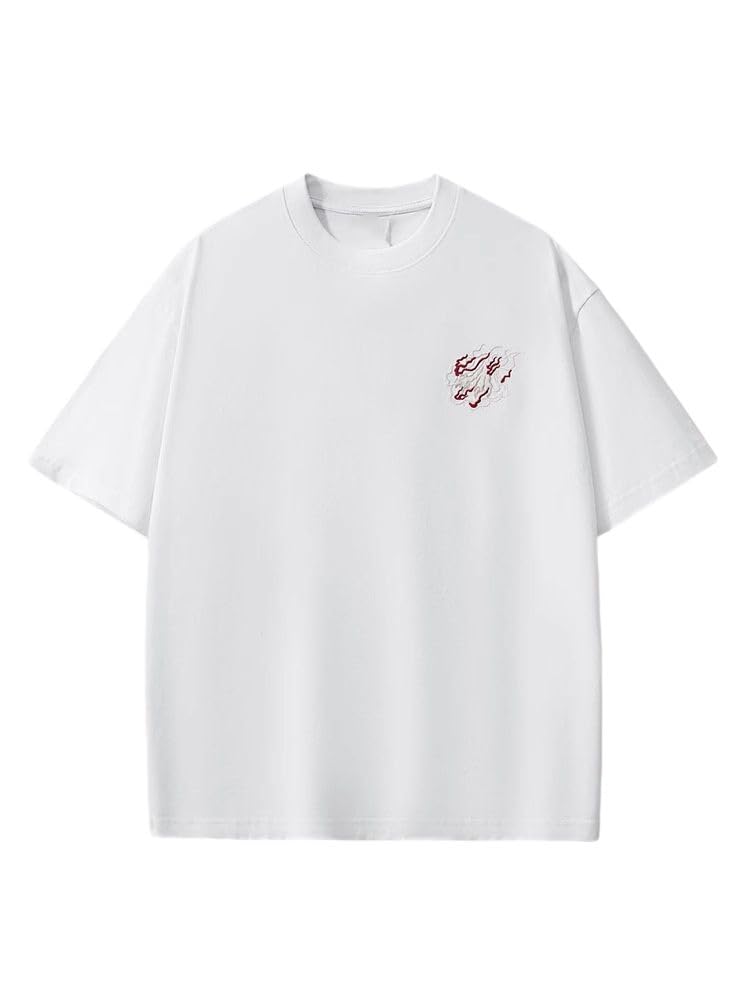 Męski bawełniany t-shirt z okrągłym dekoltem, chiński haft, nacięte ramiona, luźny top na czas wolny