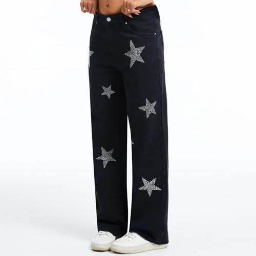 Rhinestone Jeans Men Black Y2K Star Bedazzled Denim Pants Streetwear Wide Leg Bling Bottoms Glitter Vintage Embellished Hip Hop, Black, Small3