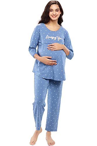 Image of ZEYO Women's Cotton Heart Printed Maternity & Feeding Night Suit Set Of Top & Pajama Set Nursing Night Dress 5629