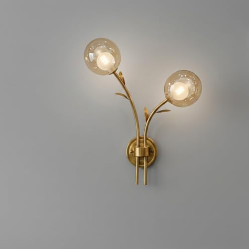 Image of 2-Light Gold Wall Lamp | 3-Color CCT (Warm + Natural + Cold White) | Dual Glass Globe Metal Wall Light for Living Room & Bedroom