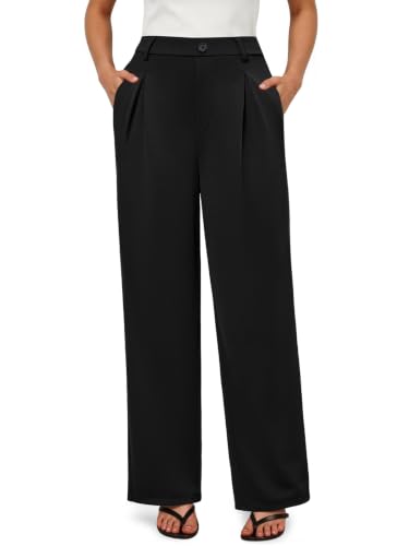 COPYLEAF Work Dress Pants Women Wide Leg Pull On Stretchy Slacks 2 Pockets(Black L)