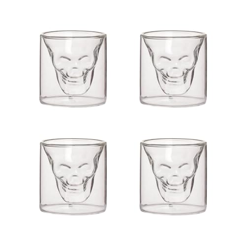 Image of Nestasia Set of 4 Skull Shaped Shot Glass Double Wall (100ml) | Dishwasher Safe, Transparent, Elegant | Stylish Glasses for Whiskey, Liquor, Cocktails, Vodka, Tequila