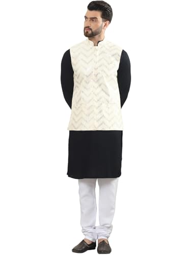 Image of SOJANYA (Since 1958 Men's Pure Cotton Kurta and White Pyjama with Sequins Nehru Jacket