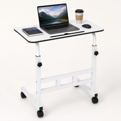 Image of amazon basics Adjustable Sofa Side Table with Wheels, 26-34 Inch, White | Portable Bedside Table with Wheels