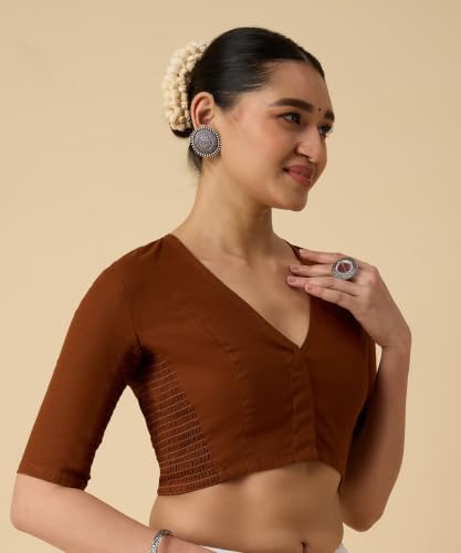 Image of Studio Shringaar Women's Thick Handloom Cotton Plain Side Stretch (Smocked) Readymade Saree Blouse