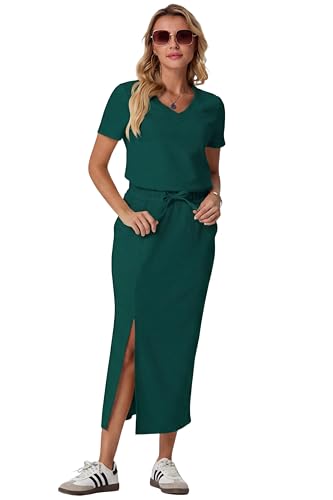 Image of GRECERELLE Women Summer Casual 2 Piece Sets V-Neck Wrinkle-Free Top & Elastic Waist Midi Side Slit Skirt with Pockets