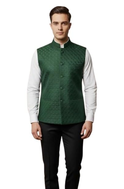 Image of Men's Self-Design Sleeveless Nehru Jacket for Festive and Formal Wear