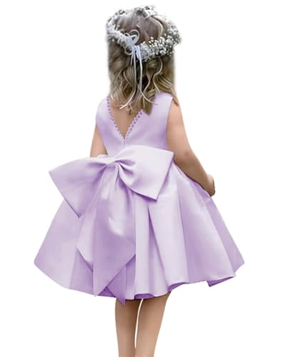 MCieloLuna V-Back Pearls Satin Flower Girl Dress Summer Mini Pageant Princess Wedding Guest First Communion Dress with Bow