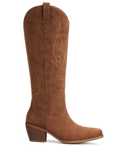 Image of Pasuot Western Cowboy Boots for Women - Knee High Wide Calf Cowgirl Boots, Slip On Pointed Toe Chunky Heel Fashion Retro Classic Pull On Tall Boot for ladies Party concert