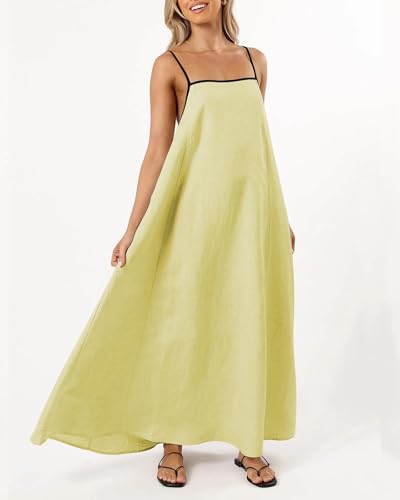 Image of Senllen Women's Linen Dress Summer Loose Flowy Sundress Contrast Spaghetti Strap Sleeveless Backless Beach Maxi Long Dresses