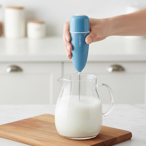 Image of Pedrini- Italy, Milk Frother, Handheld Stainless Steel Milk Foamer for Coffee, Cappuccino, Latte, Hot Chocolate - Portable & Easy to Use, Battery Operated-Blue