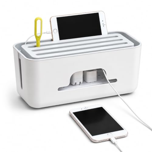Xacton Cable Management Box Organizer with Lid - 31x14x13 cm | Wire Storage Box for Extension Boards, Power Strips, Chargers & Cables | Hide Loose Wire for Organizer for Home, Office, Desk & TV Setup