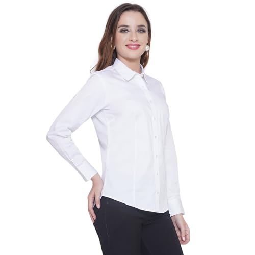 Image of Women's Cotton Solid Long Sleeve Shirt - Formal & Casual Button-Down Long Sleeve Collared Top for Office, Workwear 100% Soft Breathable Cotton Fabric