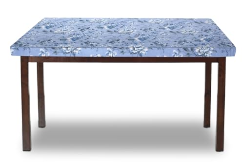 Image of The Furnishing Tree Elastic Cotton Rectangular Dining Table Cover 30x48 in Inches Floral White Rose on Blue Base