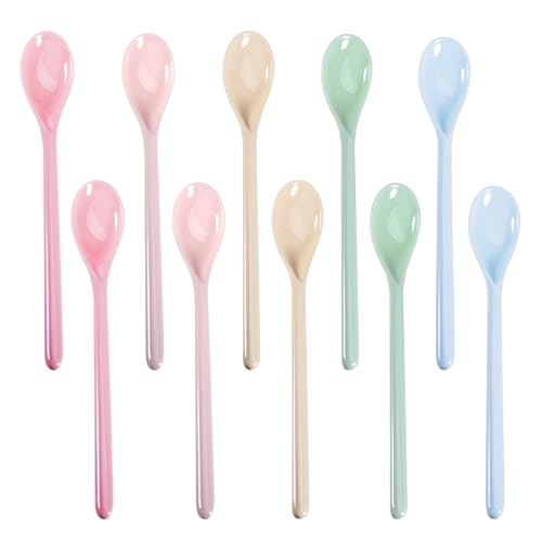 Nilioyul Cucchiaio in plastica, 10 pezzi, colore lungo, in plastica, anti-goccia, manico lungo, per marmellata, cucchiai da zuppa riutilizzabili, per caffè, miele, uova, yogurt, gelato