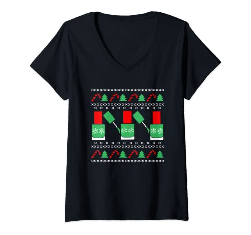 Mujer Ugly Christmas Nail Artist X-Mas Santa Claus Año Nuevo Uñas Camiseta Cuello V