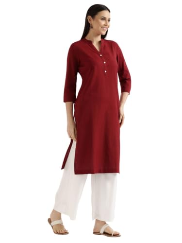 Image of SAADAA Women's Linen Blend Long Kurta with Viscose Palazzo Set | Straight Fit Kurta with Wide Leg Palazzo | Solid Ethnic Co-ord Set for Office & Casual Wear