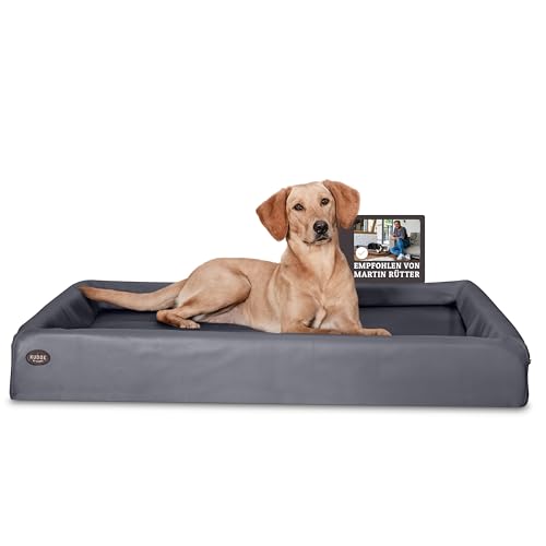 SABRO KUDDE Orthopädisches Hundebett – Martin Rütter – Hochwertiges Kunstleder – Waschbar & Wasserabweisend – Ergonomisch – Premium Haustierzubehör für Mittelgrosse, Grosse Hunde XL in Grau