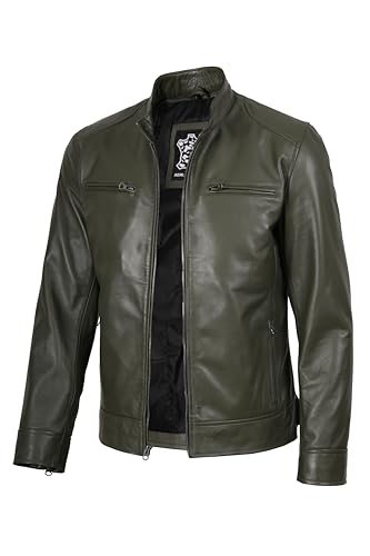 Image of fjackets Mens Leather Jacket - Real Lambskin Cafe Racer Jacket Stand Collar Moto Biker Zip Jacket For Men