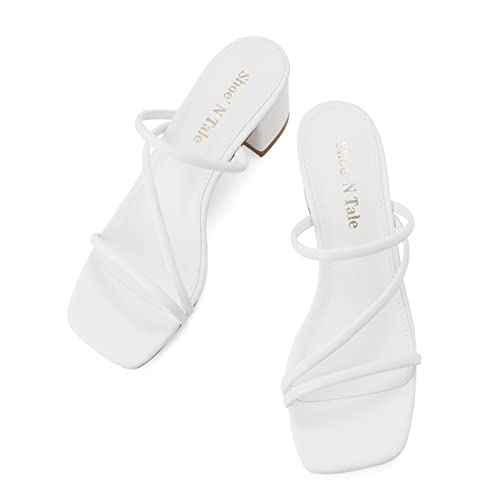 Image of Shoe'N Tale Strappy Heels For Women Low Chunky Block Heel Heeled Sandals Square Open Toe Slip On Slides Mules