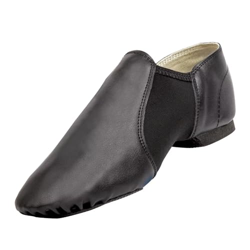 Asyuyu Jazz Shoes for Girls Slip-On Leather (Toddler/Little Kid/Big Kid) - Size 2 to 11 for Dance Class & Stage - Black/Tan Split Sole Flexible