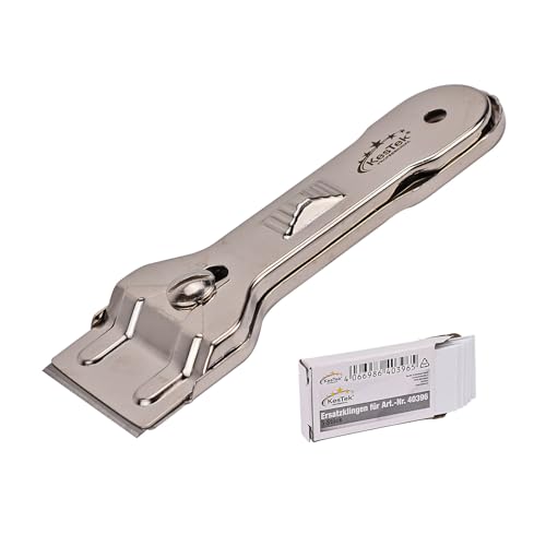 KesTek Glasschaber/Ceranfeldschaber mit 5 Ersatzklingen - Robuste Vollmetall-Ausführung, Werkzeugloser Klingenwechsel, Schiebbarer Klingenschutz