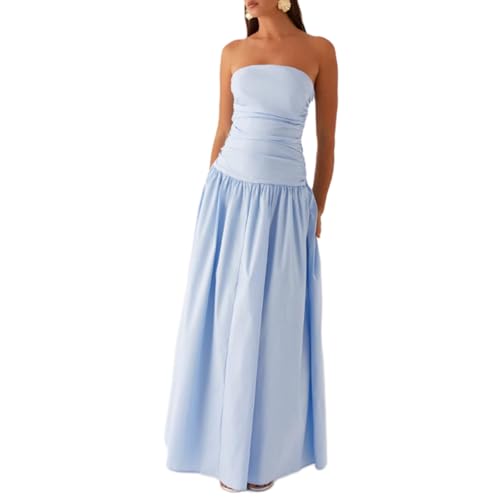 Image of Women Tube Top Maxi Dress Summer Strapless Backless Bodycon Long Bandeau Dress Elegant Off Shoulder A Line Dresses