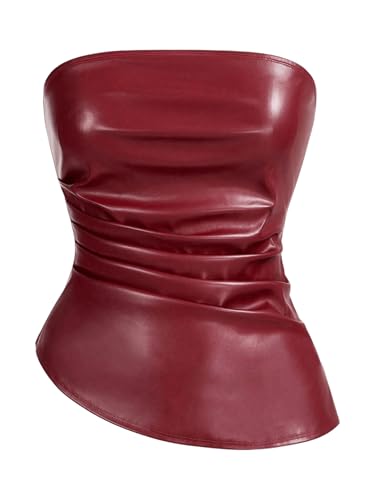 SOLY HUX Women's PU Leather Tube Top Strapless Ruched Asymmetrical Bandeau Tops Rave Concert Outfit