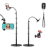 Heavy Duty Aluminum Overhead Phone Stand, 15 in Long Arm iPhone Holder with 360 Degrees Swivel Tilt Overhead for Video Recording, Live Streaming, Meeting, Cooking, Filming, Painting and Crafting