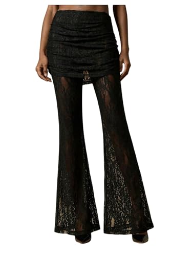 RoseSeek Women's Lace Sheer Mesh Bell Bottoms Ruched High Waisted Flare Leggings Skirt Pants Black Small
