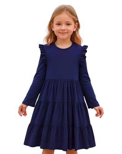Image of Girl Long Sleeve Dress Ruffle Rainbow Color Block Cotton Casual Tiered Pleated Twirly Dress