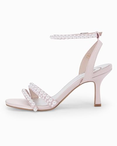 Coutgo Womens Pearl Kitten Heels Sandals Square Open Toe Dress Sandals Ankle Strap Satin Wedding Party Summer Sandals4