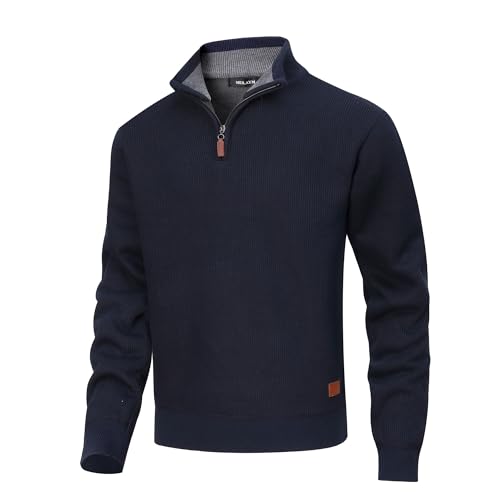 MeiLayM Suéter para Hombre con Cuello Alto Punto Jersey Sueter Manga Larga Jerseys Sólidos Invierno Cálido Suéter 1/4 Cremallera Ligero Punto Grueso Azul,M
