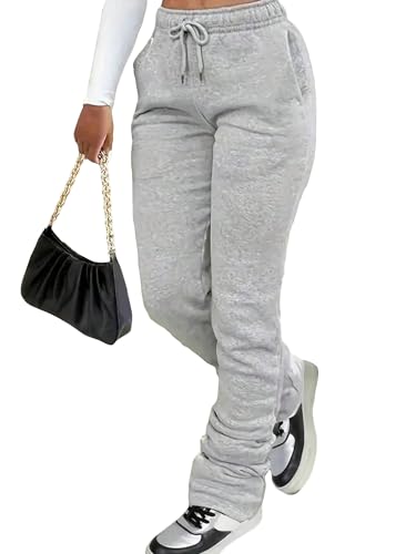 SOLY HUX Womens Stacked Sweatpants Y2k Drawstring Elastic Waist Straight Leg Casual Pants Plain Light Grey Large