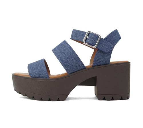 Image of Soda ACCOUNT ~ Women Open Toe Two Bands Lug sole Fashion Block Heel Sandals with Adjustable Ankle Strap
