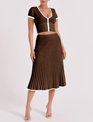 Tanming Women's Two Piece Skirt Set Casual Short Sleeve Crop Top Ribbed Knit Midi Pleated Skirt2