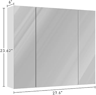 DICTAC Medicine Cabinet with Mirror & Storage - 27.6x23.6in Wall Mounted Cabinet with 3 Doors & Adjustable Shelves for Bathroom, Living Room, Kitchen - White