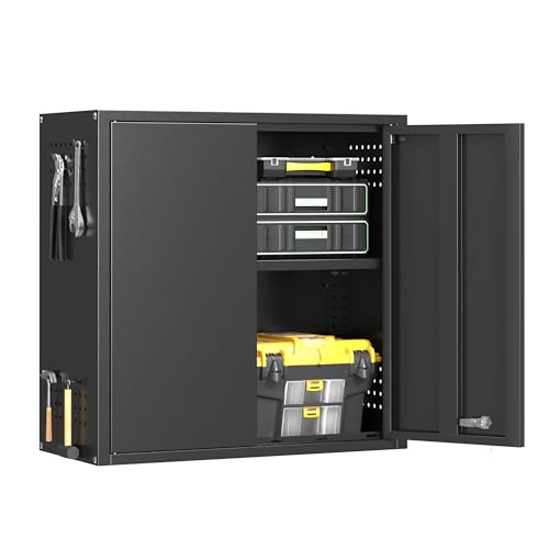 Metal Garage Wall Cabinet with 2 Doors and 1 Adjustable Shelf,Lockable Floating Tool Cabinet with Pegboard,Black Steel Storage Cabinet for Kitchen,Office,Garage,Laundry,Warehouse(Black, 26″H)