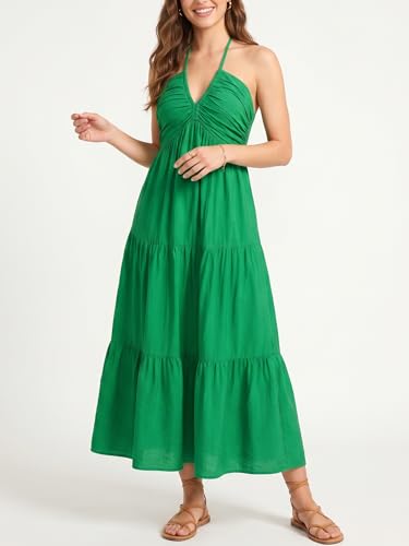 Image of Women's Casual Halter Tiered Vacation Maxi Dress with Pockets