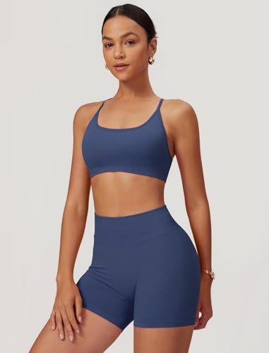 ABOCIW 2 Piece Seamless Workout Sets for Women Scoop Neck Strappy Sports Bra Scrunch Butt Lifting Gym Impact Shorts2