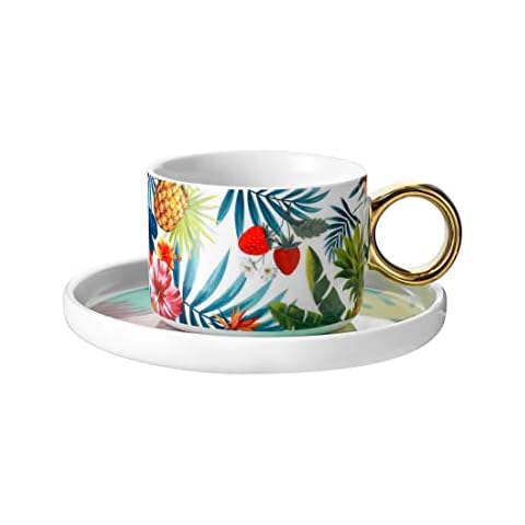 MINISO Tropical Ceramic Coffee Mug with Coaster and Handle 6.8oz Porcelain Coffee Cups Stoneware Tea Cup, Novelty Gift Mugs for Coffee, Tea and Hot Drinks, Cups for Home, Office and Travel Cover