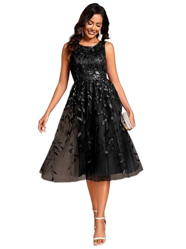 Ever-Pretty Women's Sequin Sparkly Crew Neck Short Sleeve Tea Length Evening Dress 20736