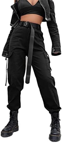 JEAAMKSSER Womens High Waisted Black Cargo Pants with Pockets Baggy Solid Y2k Streetwear Pants # Black M