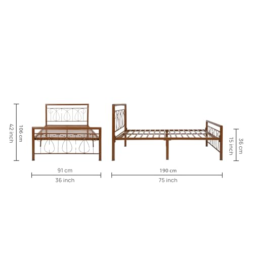 Image of Kovu Metal Extra Single Size Bed Without Storage | Wrought Iron Single Bed with Headboard & Footboard| Sturdy Powder Coated Platform Cot for Bedroom (Kovu Brown)