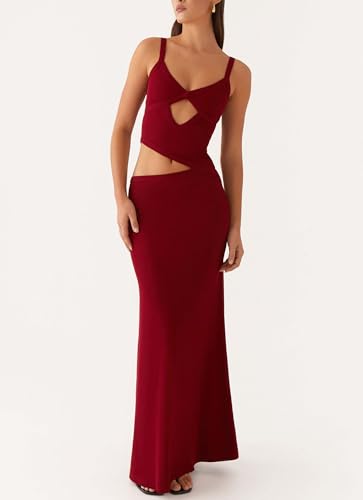 Image of Yiulangde Womens Elegant Spaghetti Strap Maxi Dress Backless Cut Out Bodycon Summer Cami Dress Sexy Formal Cocktail Dresses